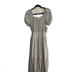 Indio Rose Women's Blue White stripe smocked dress belt Puff sleeve Small NWT